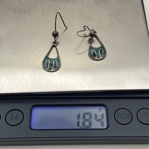 Taxco Mexico Sterling Silver Teardrop Earrings Crushed Stone Inlay TC97 LOOK - Picture 5 of 12